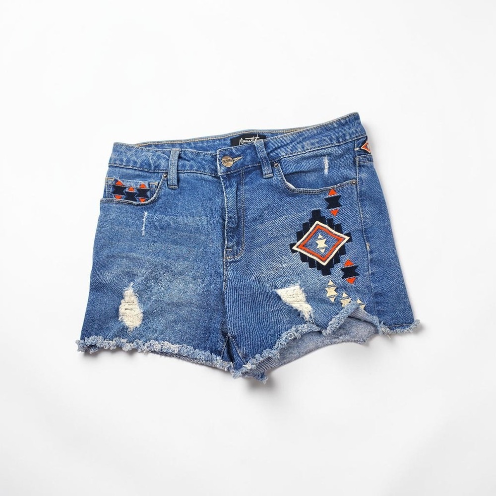 Nanette Lepore Womens Mid Rise Embroidered Distressed Denim Shorts Size 6 Blue